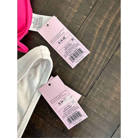 Wild Fable Bright Pink Triangle Top and White Bikini Set Size Small New - Picture 2 of 4